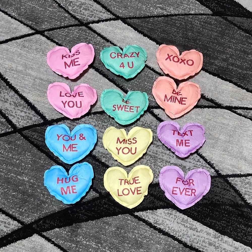 12 HEART-SHAPED STUFFED PLUSH CONVERSATION HEART DECORATIVE DECOR